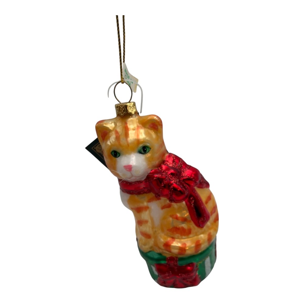 Robert Stanley Ornament Glass Blown Orange Cat Christmas Present Bow NWT